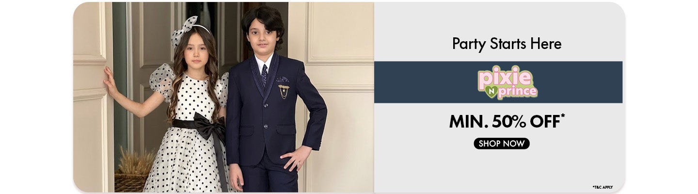 Minimum seventy percent off at Pixie N Prince featuring a girl in a polka dot dress and a boy in a navy blue suit.