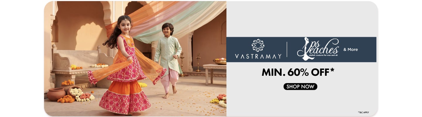 Minimum sixty percent off on kids ethnic wear featuring a girl in a pink and orange sharara and a boy in a green kurta.