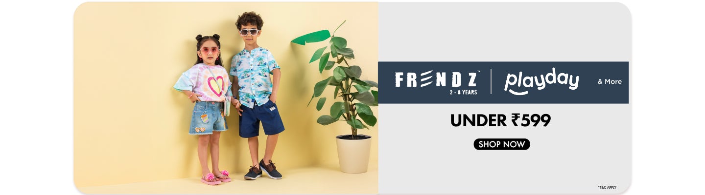 Kids fashion banner offering styles under five hundred ninety nine rupees.