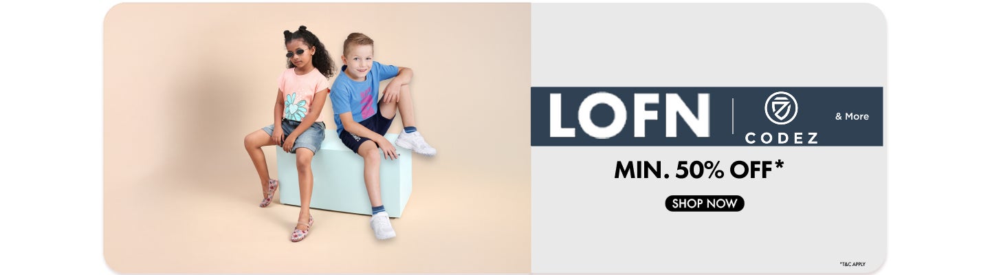 Minimum fifty percent off on kids clothing from Lofn and Codez featuring a girl and boy in casual summer wear.