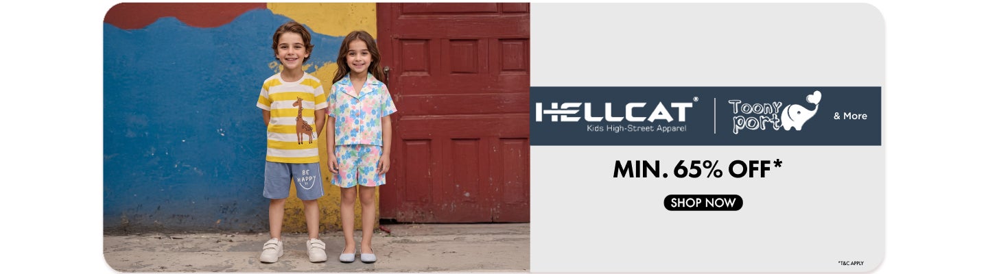 Minimum sixty five percent off and more on kids apparel featuring a boy and a girl in casual summer wear.