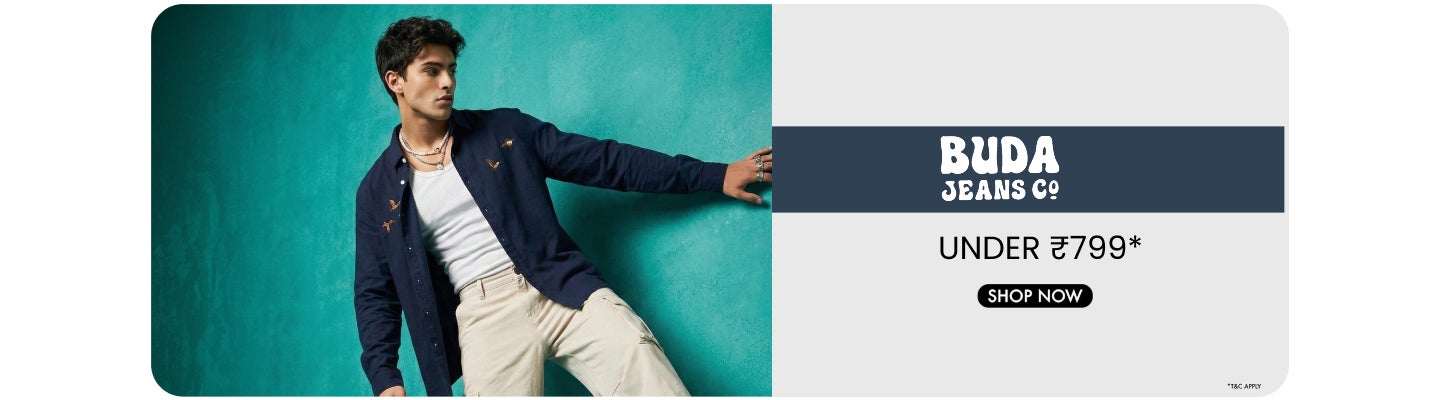 Buda Jeans Co banner offering styles under seven hundred ninety nine rupees with shop now call to action.