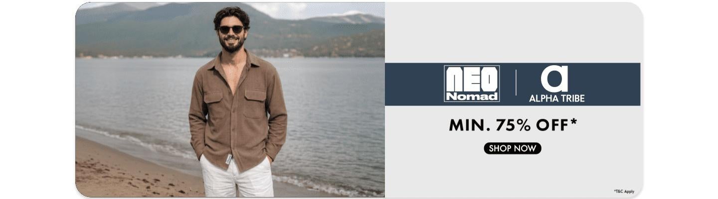 Minimum seventy five percent off Alpha Tribe and Neo Nomad apparel for men featuring a brown shirt at the beach shop now.