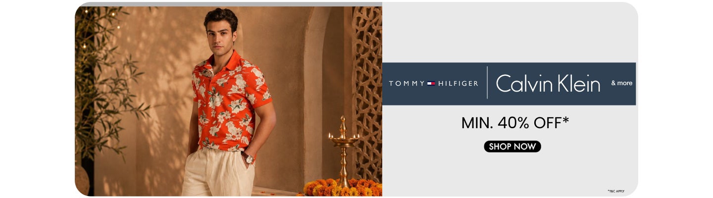 Minimum forty percent off on Tommy Hilfiger and Calvin Klein with a man in an orange floral shirt. Shop now.