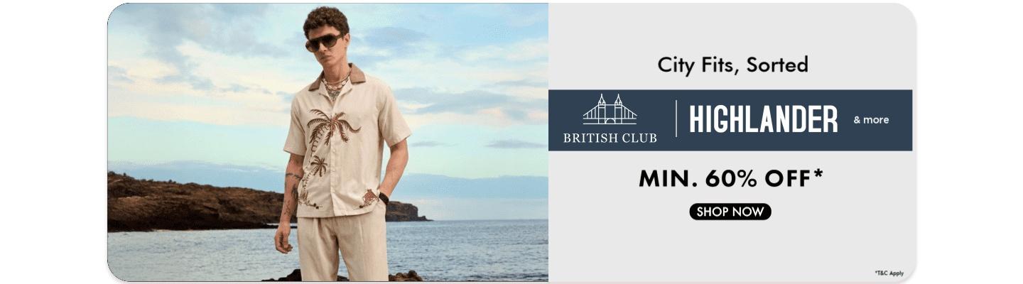 Minimum sixty percent off on Highlander apparel featuring a man in a beige palm print shirt and trousers at the beach.