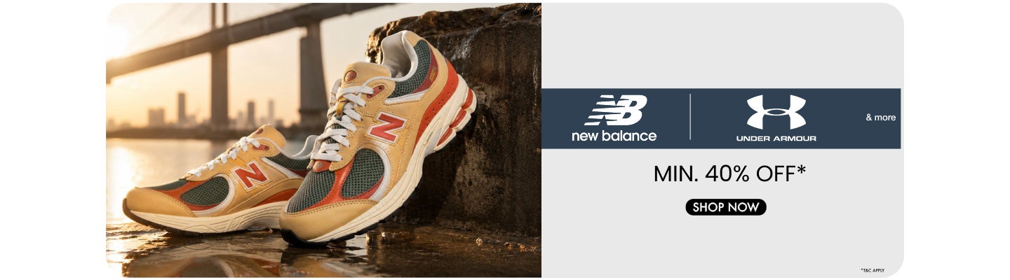 Minimum 40 percent off on New Balance and Under Armour shoes with shop now call to action.
