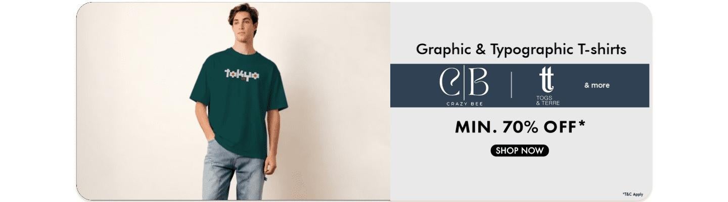 Minimum seventy percent off graphic and typographic t shirts from Crazy Bee and Togs and Terre shop now online today.