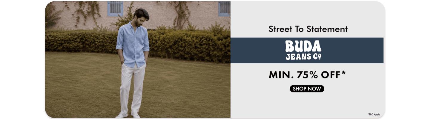 Minimum seventy five percent off at Buda Jeans Co on mens blue striped shirts and casual wear. Shop the collection now.