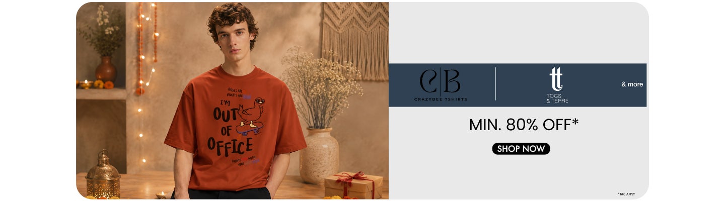 Minimum eighty percent off on fashion wear and more, featuring a man in a rust t shirt. Shop now.