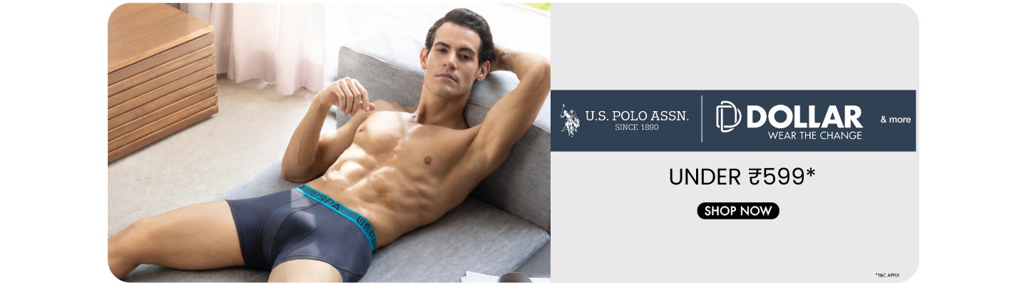 Mens innerwear under five hundred ninety nine rupees from US Polo Assn and Dollar with shop now button.