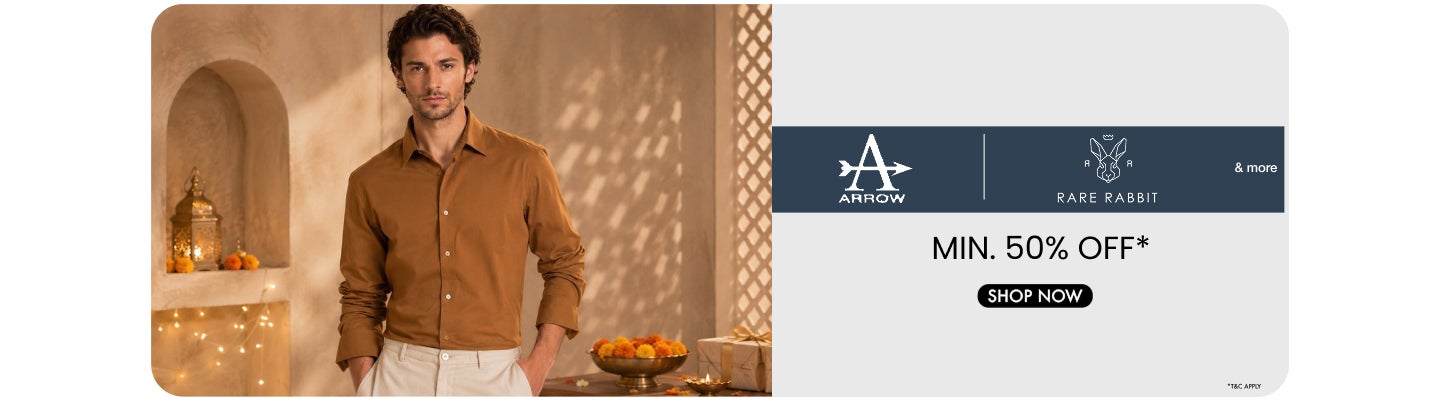 Minimum fifty percent off on Arrow and Rare Rabbit clothing with a model wearing a brown shirt.