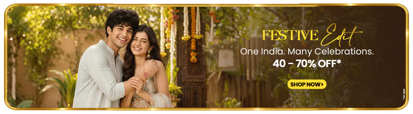 Festive edit offer of forty to seventy percent off on ethnic wear with shop now call to action.