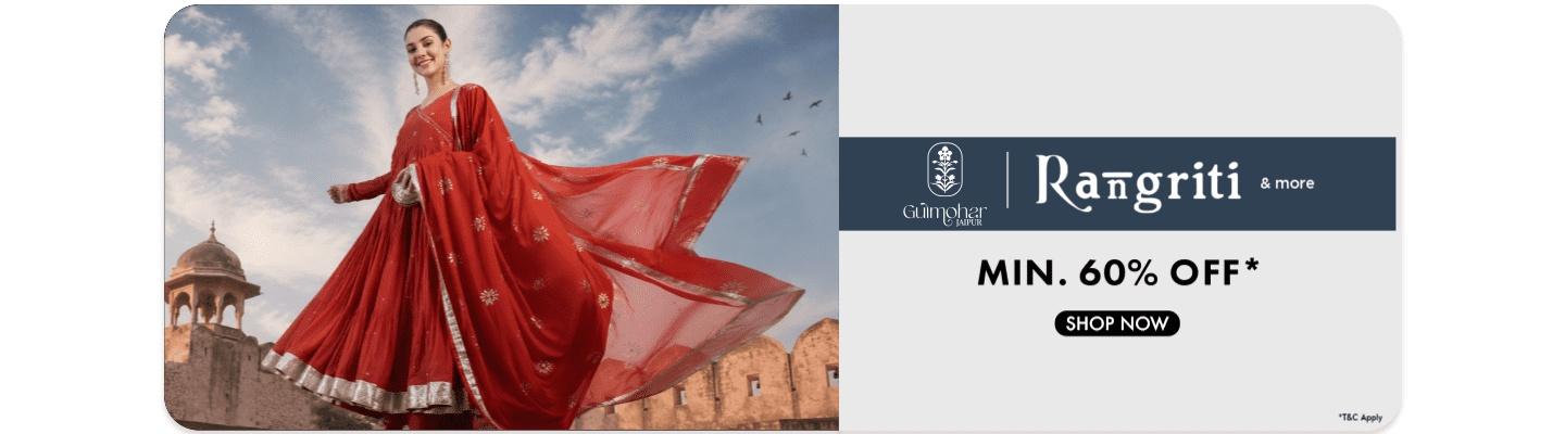 Minimum 60 percent off on Rangriti and Gulmohar Jaipur ethnic wear featuring a woman in a red outfit shop now.