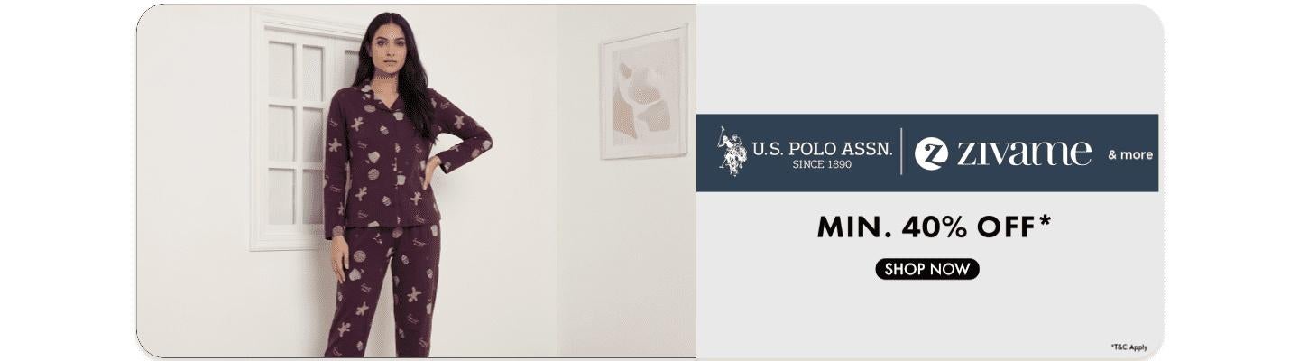 Minimum 40 percent off on US Polo Assn and Zivame featuring a woman in a purple printed pajama set and a shop now button.