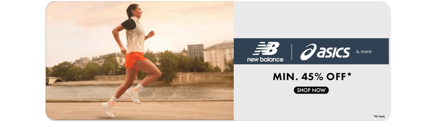 Minimum 45 percent off New Balance and Asics and more featuring a woman running by a river with a shop now button.