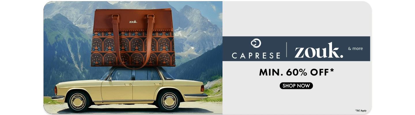 Minimum 60 percent off on Caprese Zouk and more handbags featuring a Zouk printed tote bag on a car with a shop now button.