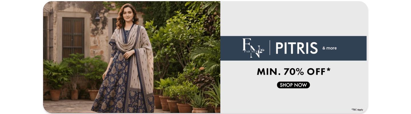 Minimum 70 percent off on Fab Nex and Pitris womens ethnic wear shop now for blue and beige floral printed suits.