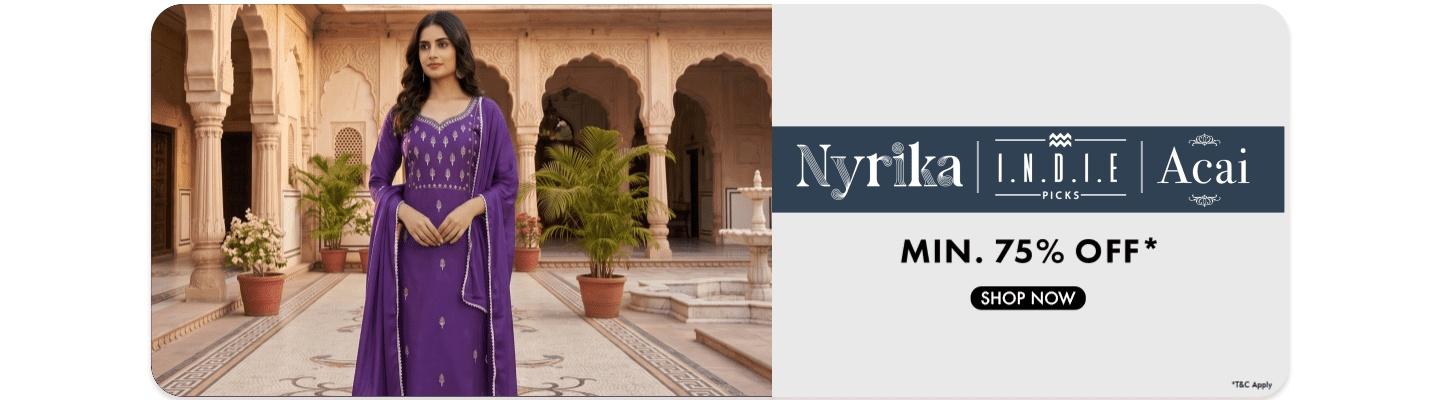 Minimum 75 percent off on Nyrika Indie Picks and Acai purple ethnic wear for women shop now.