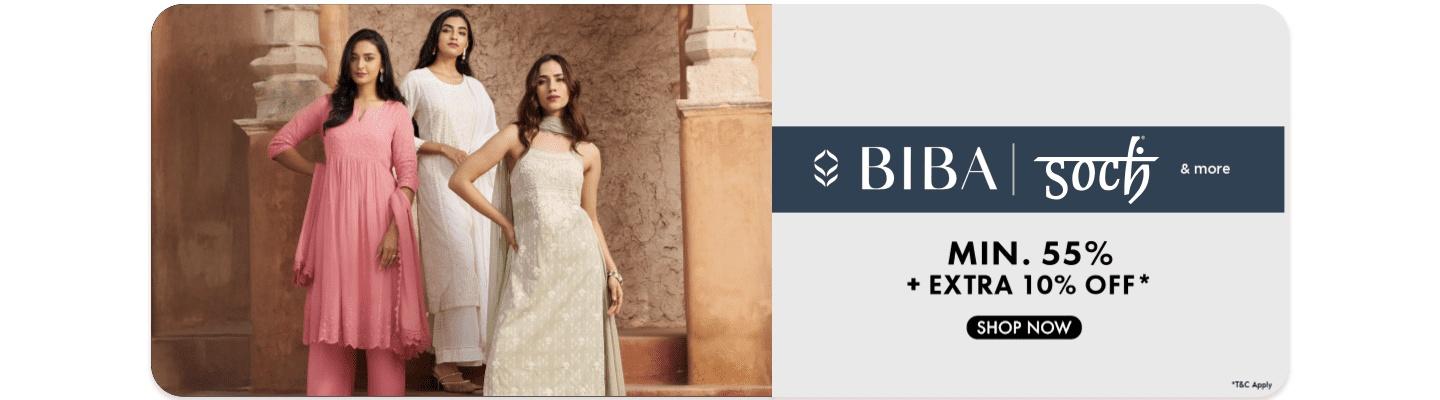 Minimum 55 percent off plus extra 10 percent off on Biba Soch and more ethnic wear for women shop now.