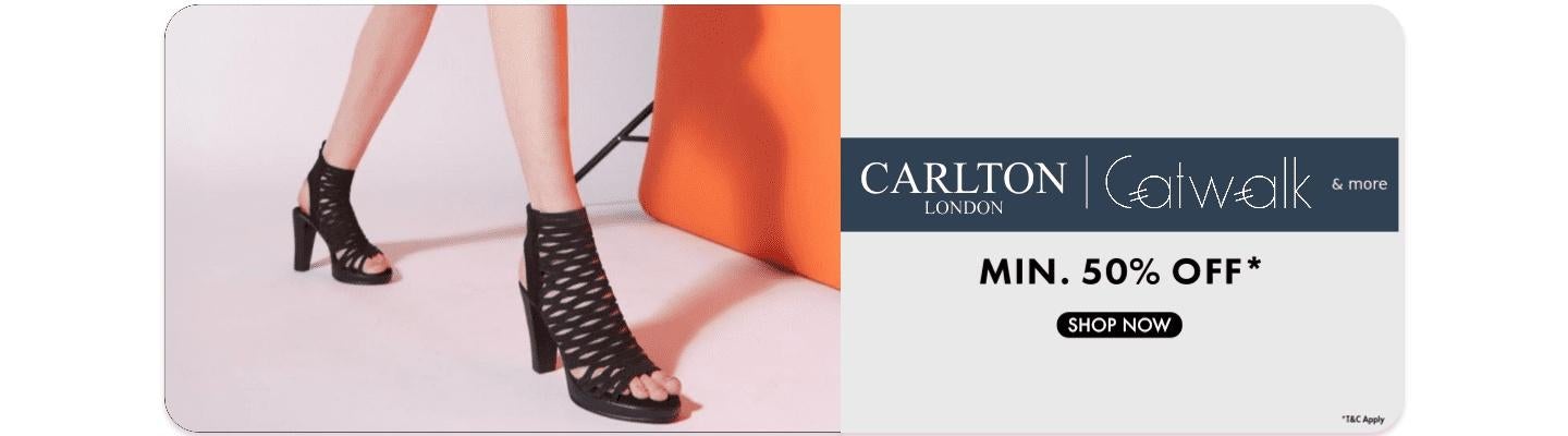 Minimum 50 percent off Carlton London and Catwalk footwear featuring black strappy high heel sandals with a shop now button.